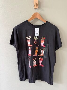 VM Black Graphic Tee with Pink & Orange Boot Motif